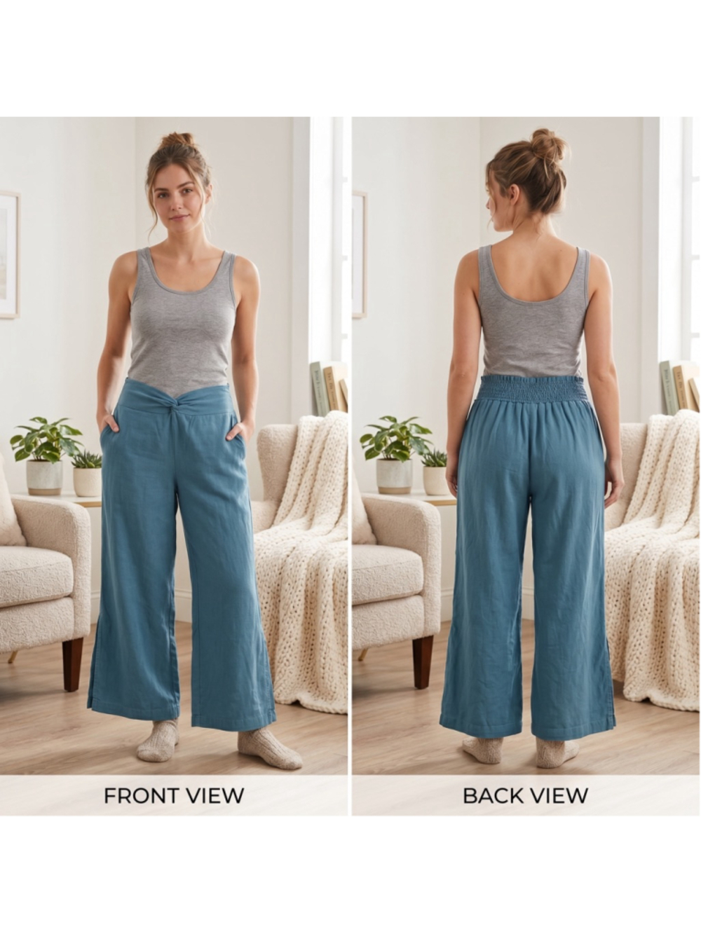 Indigo Rein Women's Linen Lounge Pants Teal Blue Wide Leg Size XL